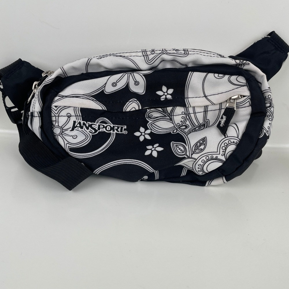 JanSport Fanny Pack Waist Bag Black White Floral Paisley Hip Pack Retro Gorp 90s
